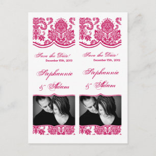 Save the Date Book Mark Favors Fusia White Damask Announcement Postcard