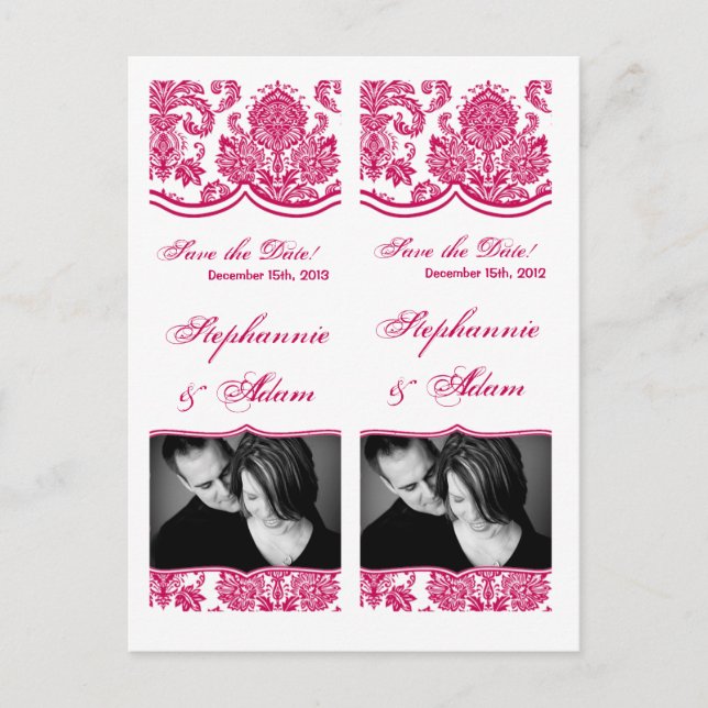 Save the Date Book Mark Favors Fusia White Damask Announcement Postcard (Front)