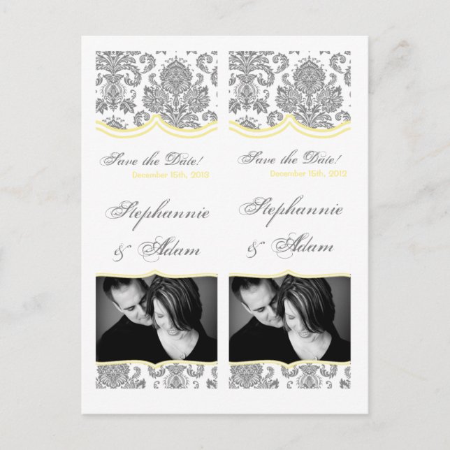 Save the Date Book Mark Favors Gray Yellow Damask Announcement Postcard (Front)
