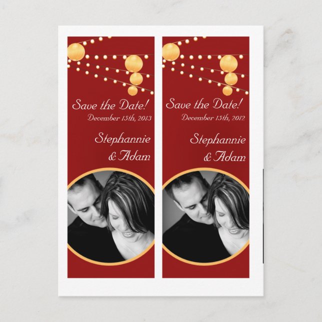 Save the Date Book Mark Favors Paper Lanterns Red Announcement Postcard (Front)