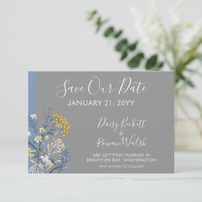 Save The Date Botanical Daisy Floral Navy Card (Standing Front)