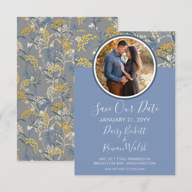 Save The Date Botanical Daisy Floral Yellow & Navy Invitation (Front/Back)