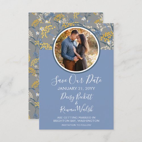 Save The Date Botanical Daisy Floral Yellow  Navy Invitation