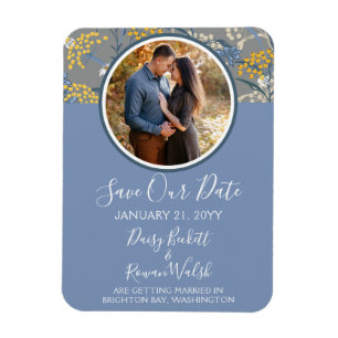 Save The Date Botanical Daisy Floral Yellow & Navy Magnet