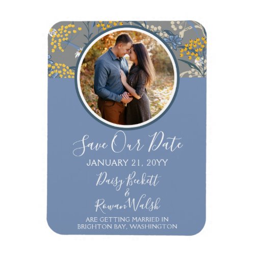 Save The Date Botanical Daisy Floral Yellow  Navy Magnet