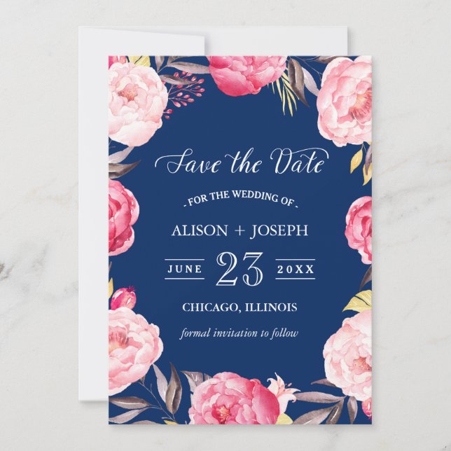 Save the Date | Botanical Floral Wreath Navy Blue (Front)