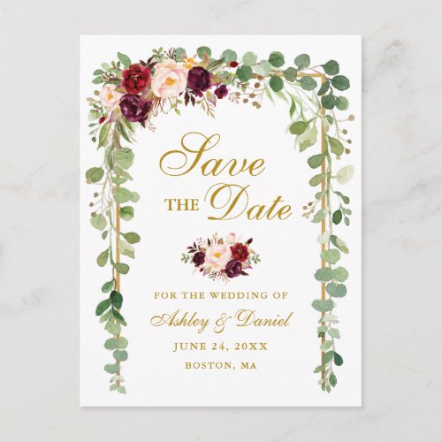 Save The Date Botanical Green Burgundy Floral Gold Announcement Postcard