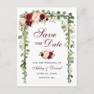 Save The Date Botanical Green Burgundy Floral Wood Announcement Postcard