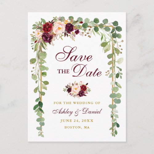 Save The Date Botanical Green Gold Burgundy Floral Announcement Postcard