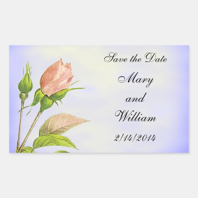 Save the Date Botanical Pink Rosebud Rectangular Sticker (Front)