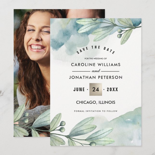 Save the Date. Botanical Wedding Custom Photo Card (Front/Back)