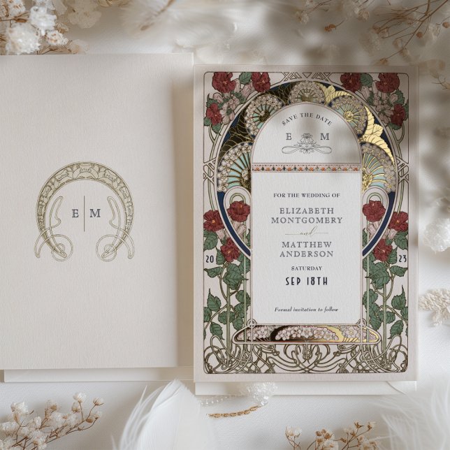 Save the Date Bougainvillea Burgundy Gold Wedding Foil Invitation (Creator Uploaded)