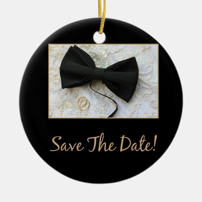 Save the Date Bow tie on dress Ceramic Ornament (Front)