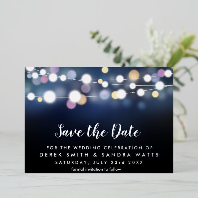 Save the date bright lights foil invitation (Standing Front)