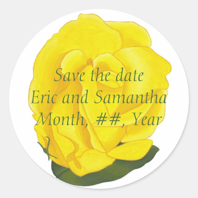 Save the date, bright yellow rose wedding stickers (Front)