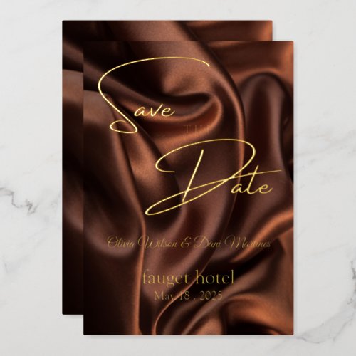 save the date brown silk background  foil invitation