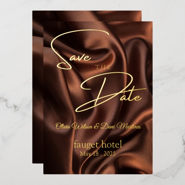 save the date brown silk background  foil invitation (Front/Back)