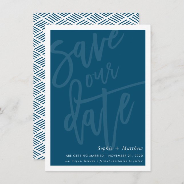 SAVE THE DATE brush lettered script dark navy blue Invitation (Front/Back)