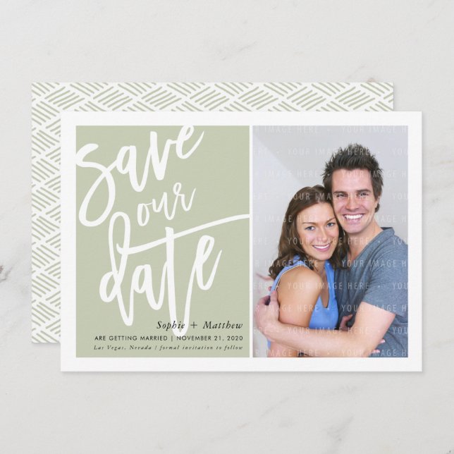SAVE THE DATE brush lettered script sage green Invitation (Front/Back)