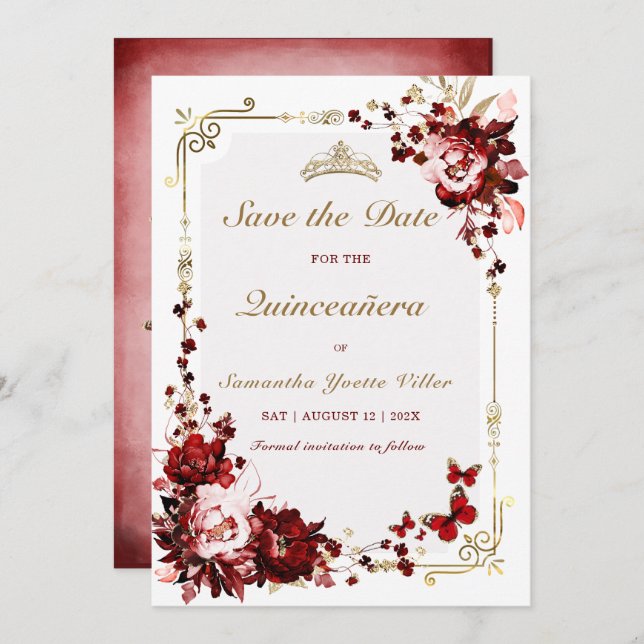 Save The Date Burgundy and Gold Quinceanera Invitation (Front/Back)
