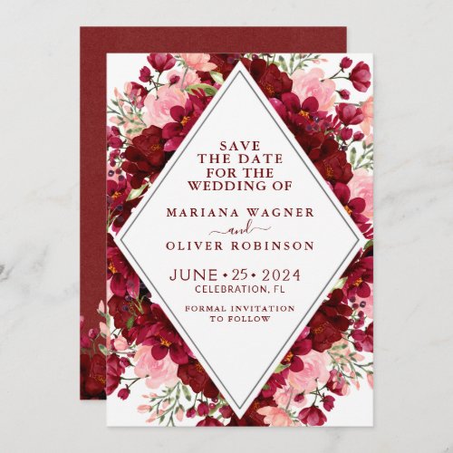 Save the Date Burgundy and Pink Watercolor Floral Invitation