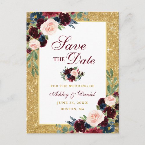 Save the Date Burgundy Blue Floral Gold Glitter Announcement Postcard