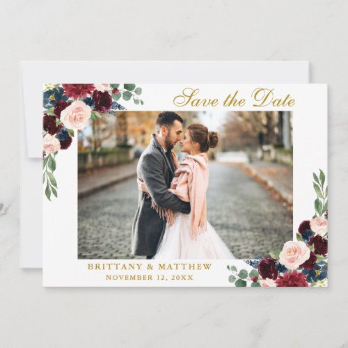 Save The Date Burgundy Blue Floral Photo Gold Card
