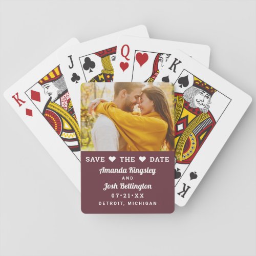Save the Date Burgundy Custom Wedding Photo Poker Cards