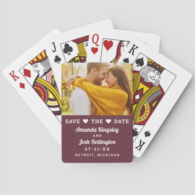Save the Date Burgundy Custom Wedding Photo Poker Cards (Back)