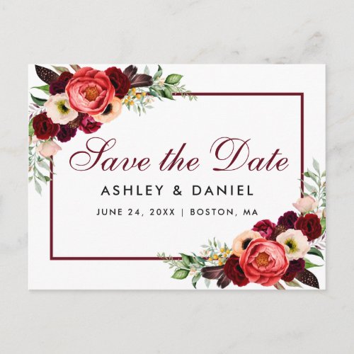 Save The Date Burgundy Floral Boho Announcement Postcard