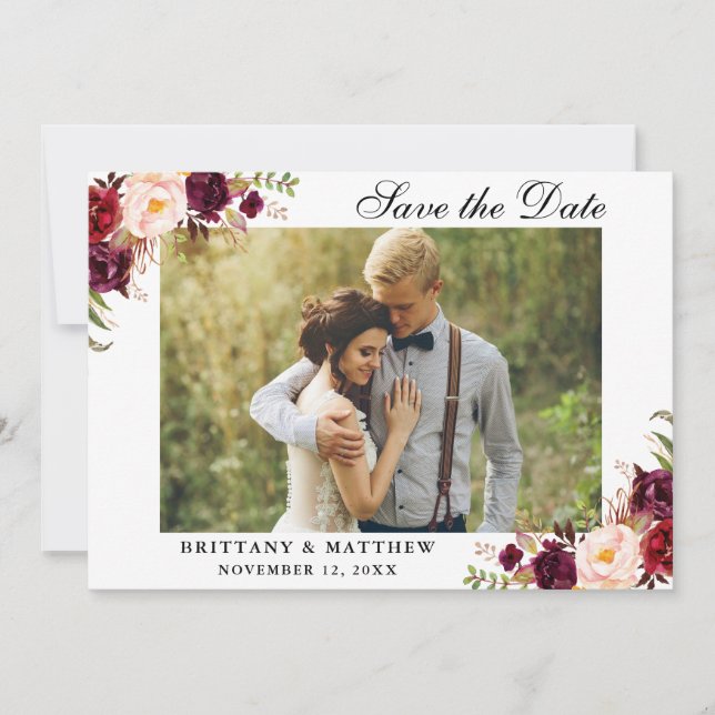 Save The Date Burgundy Floral Photo Card (Front)