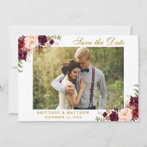 Save The Date Burgundy Floral Photo Gold Card