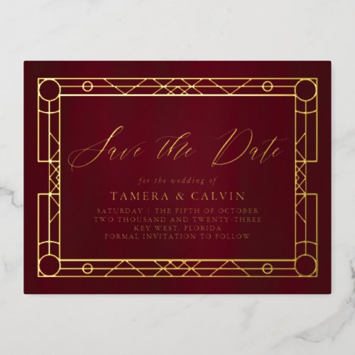 Save The Date Burgundy Gold Decorative Frame Foil Invitation Postcard