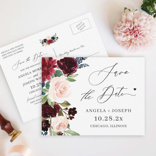 Save the Date Burgundy Maroon Blush Navy Floral Postcard (Creator Uploaded)