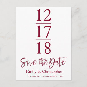 Save the Date Burgundy Marsala Modern Script Announcement Postcard