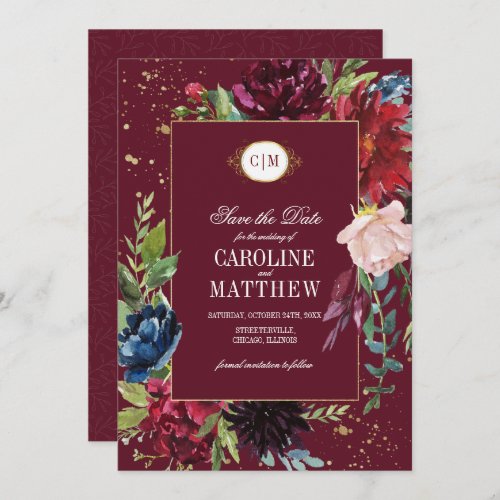 Save the Date Burgundy  Navy Blue Floral Wedding Invitation