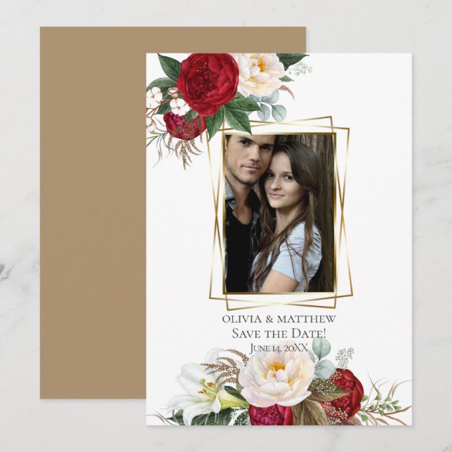 Save the Date  |  Burgundy Peony Floral Bouquets Invitation (Front/Back)