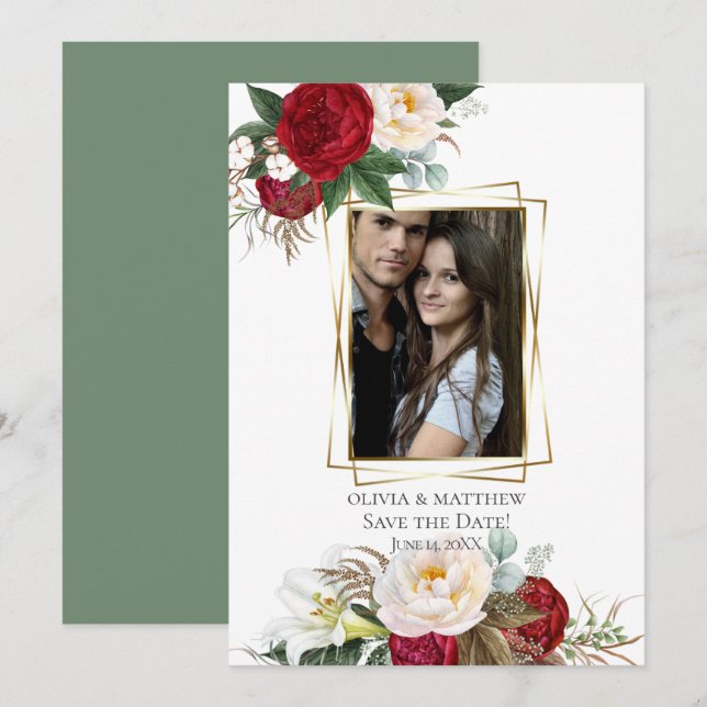 Save the Date  |  Burgundy Peony Floral Bouquets Invitation (Front/Back)