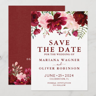 Save the Date Burgundy Pink Watercolor Floral Invitation