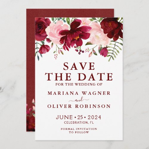 Save the Date Burgundy Pink Watercolor Floral Invitation