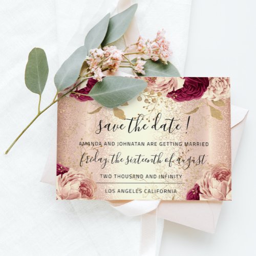 Save The Date Burgundy Rose Gold Roses Marsala