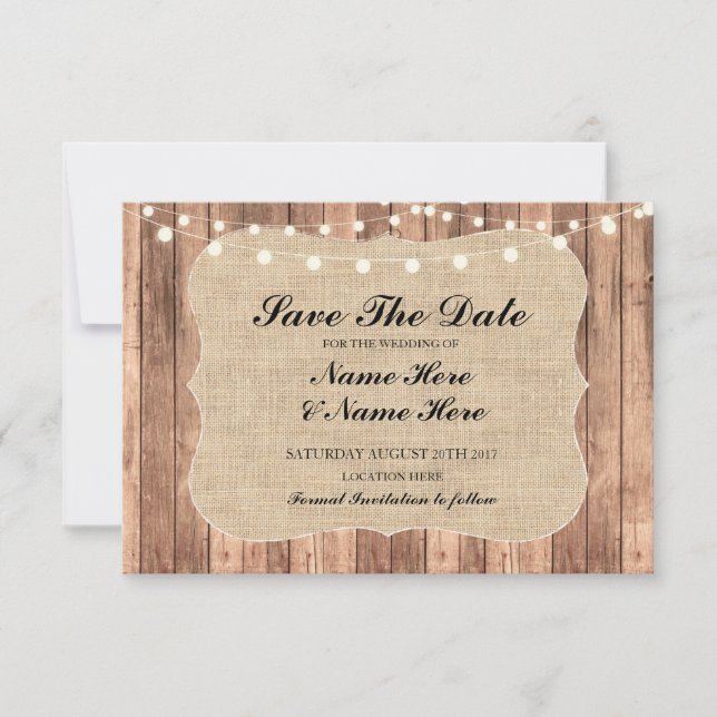 Save The Date Burlap Wood Rustic Wedding Card (Front)