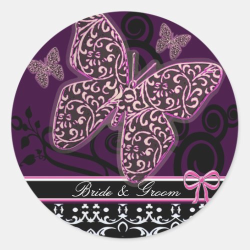 Save the Date Butterflies Swirls Pink Black White Classic Round Sticker