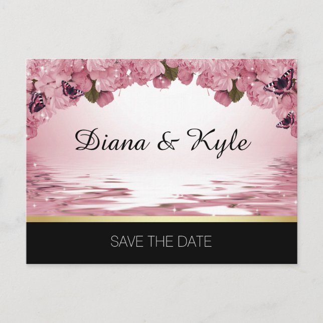 SAVE THE DATE Butterfly Pink Black Gold Wedding Announcement Postcard (Front)