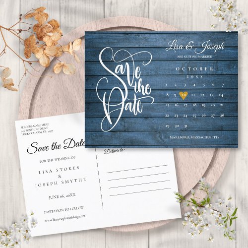 Save the Date Calendar Blue Rustic Wood Gold Heart Announcement Postcard