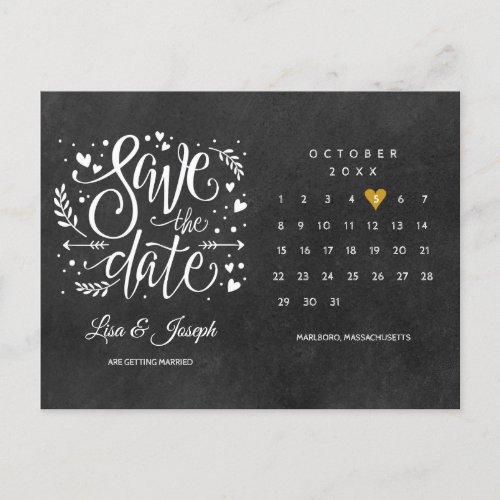 Save the Date Calendar Chalkboard Gold Heart Announcement Postcard