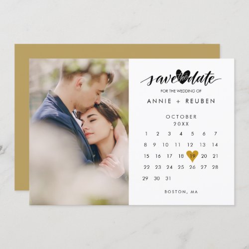 Save the Date Calendar Chic Gold Love Heart Photo Invitation