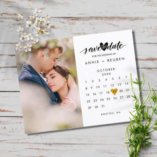 Save the Date Calendar Elegant Gold  Heart Photo Announcement Postcard