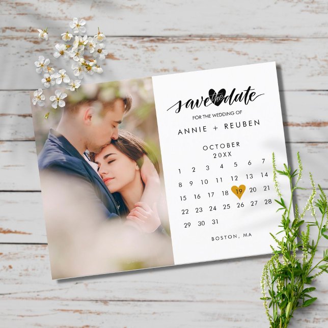 Save the Date Calendar Elegant Gold  Heart Photo Announcement Postcard (Creator Uploaded)