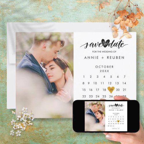 Save the Date Calendar Elegant Gold Heart Photo Invitation